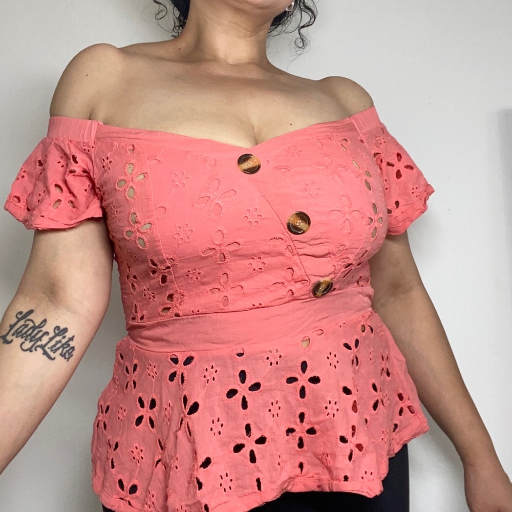 Chic Me Women’s XL y2k Crochet Sheer Babydoll Off shoulder Blouse top